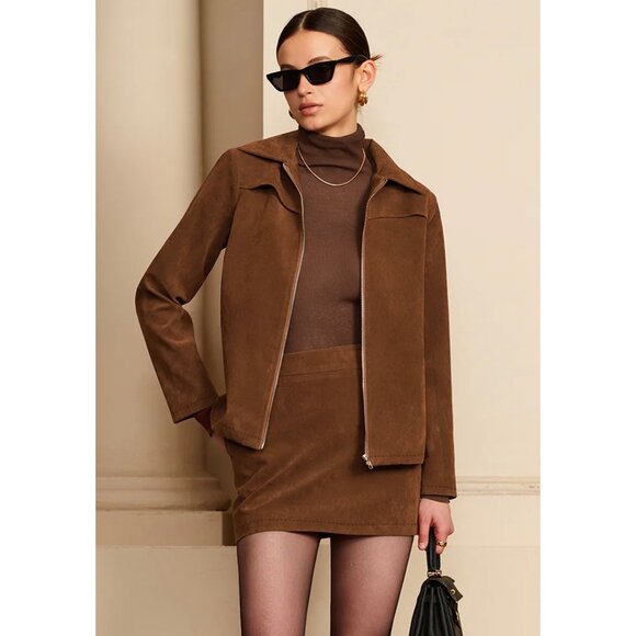 Commense Suede Zip Front Bomber Jacket  Minimalist Contemporary Camel Brown XS - Picture 1 of 8